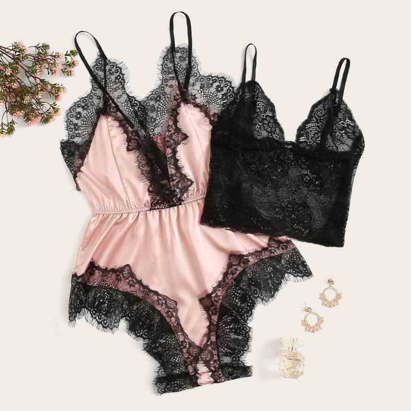 

Floral Lace Bralette With Satin Teddy Bodysuit, Multicolor