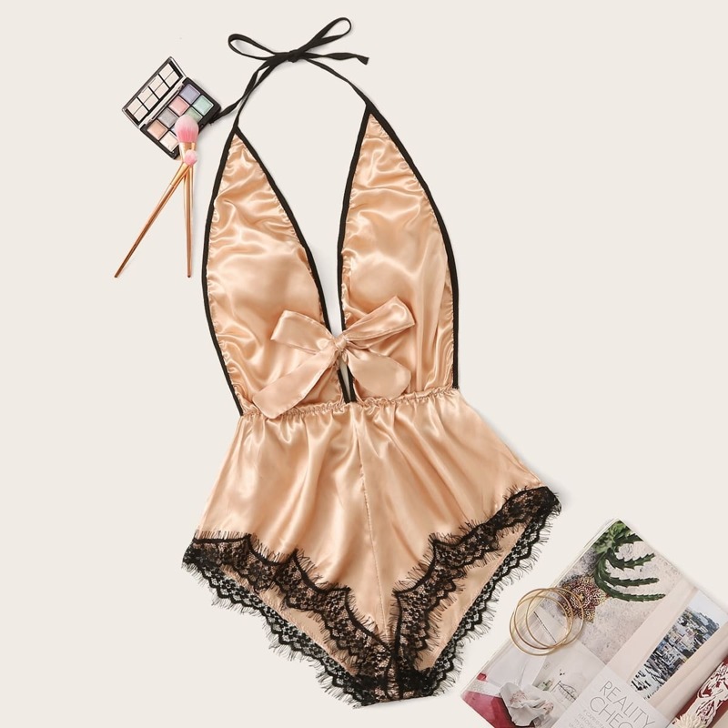 

Lace Trim Satin Romper Bodysuit, Gold