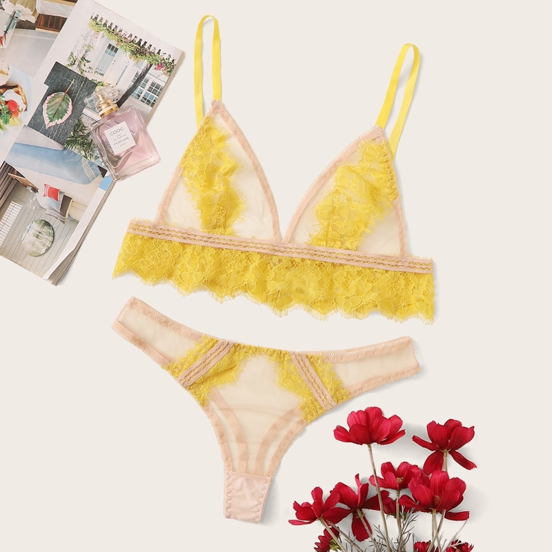 

Eyelash Lace Sheer Lingerie Set, Yellow