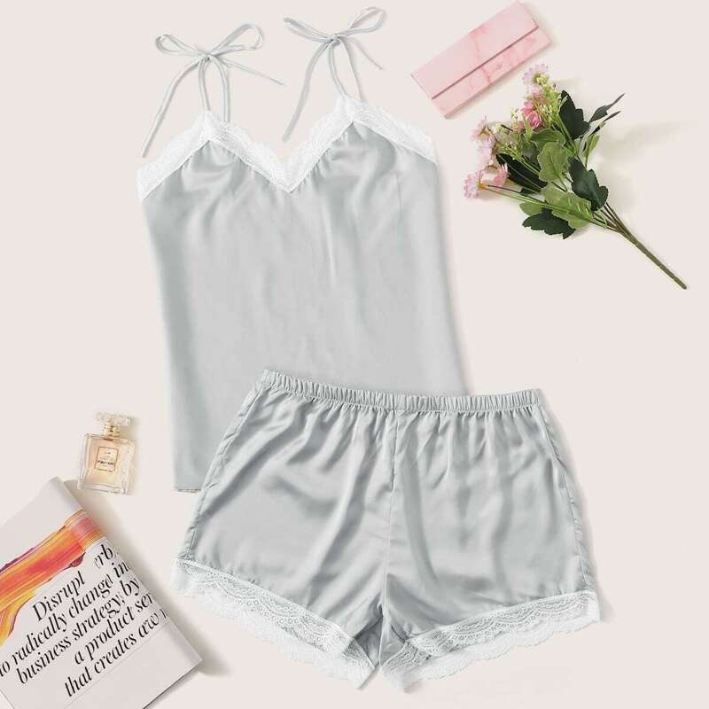 

Lace Trim Satin Cami Pajama Set, Grey