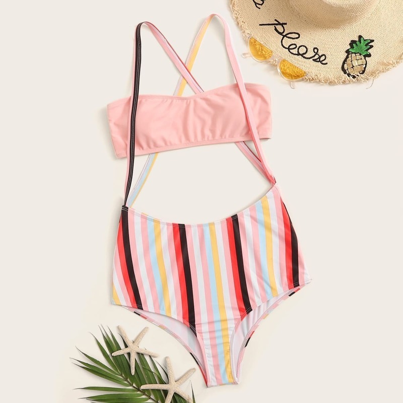 

Bandeau Top With Striped Suspender Two Piece Swim, Multicolor