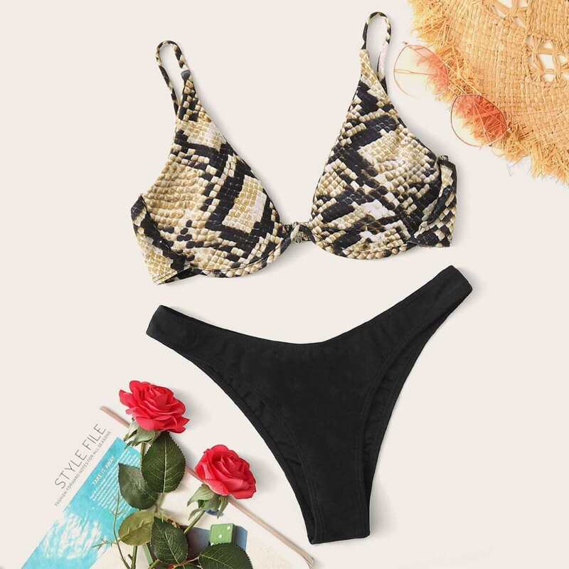 

Snakeskin Underwired Top With High Cut Bikini Set, Multicolor