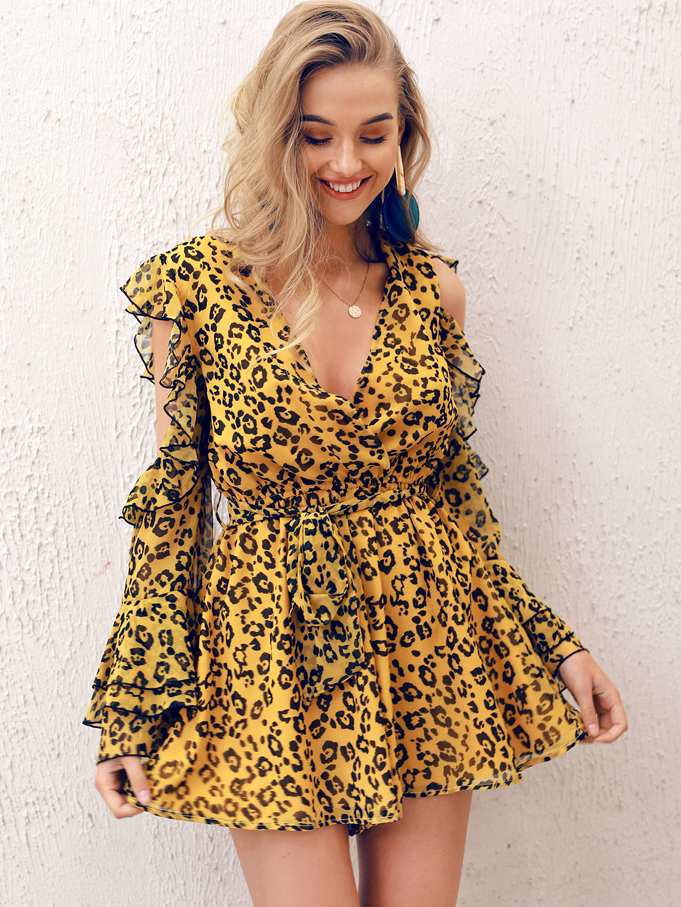 leopard print cold shoulder jumpsuit