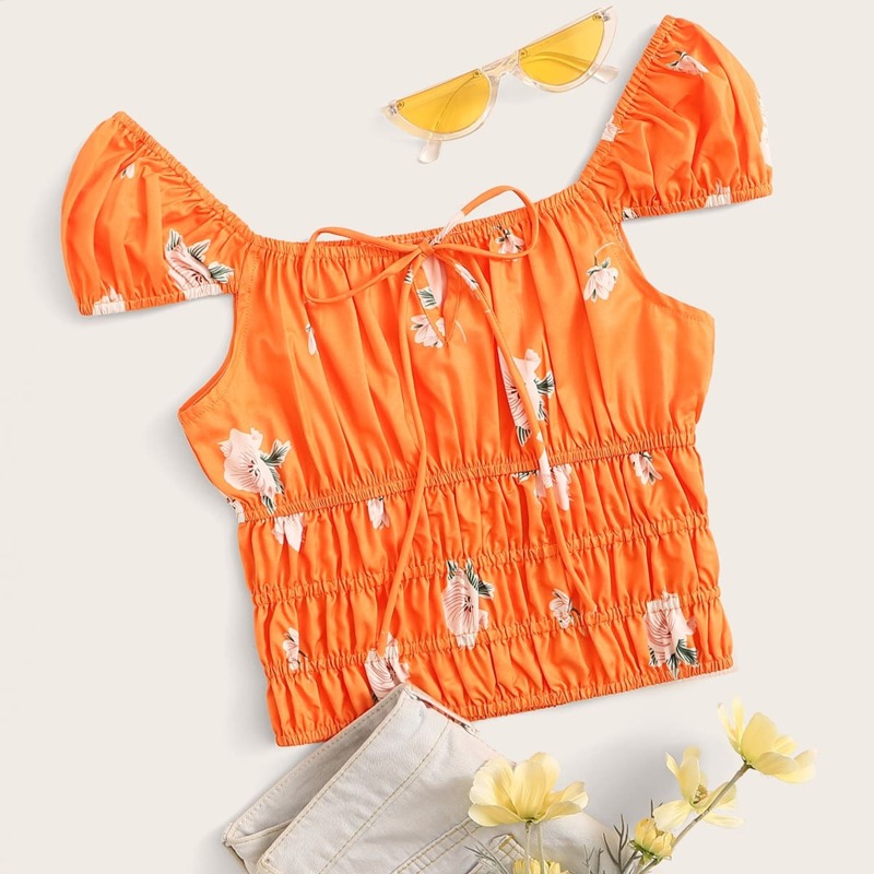

Neon Orange Floral Print Ruched Knot Front Blouse