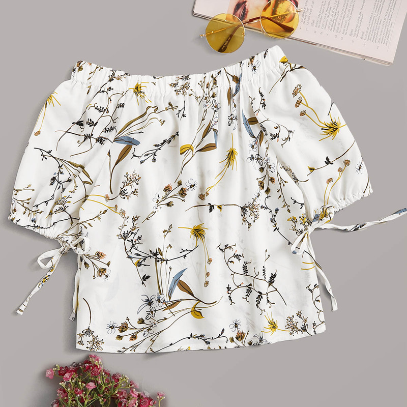 

Plants Print Off The Shoulder Knot Cuff Blouse, White