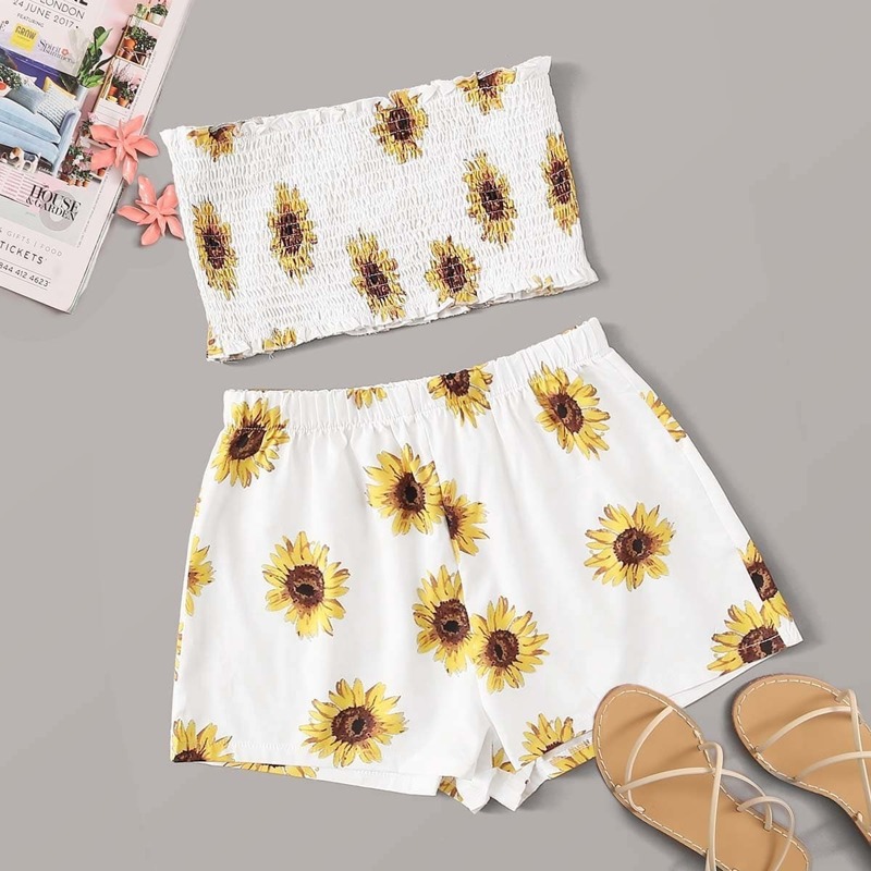 

Sunflower Print Shirred Bandeau With Shorts, White