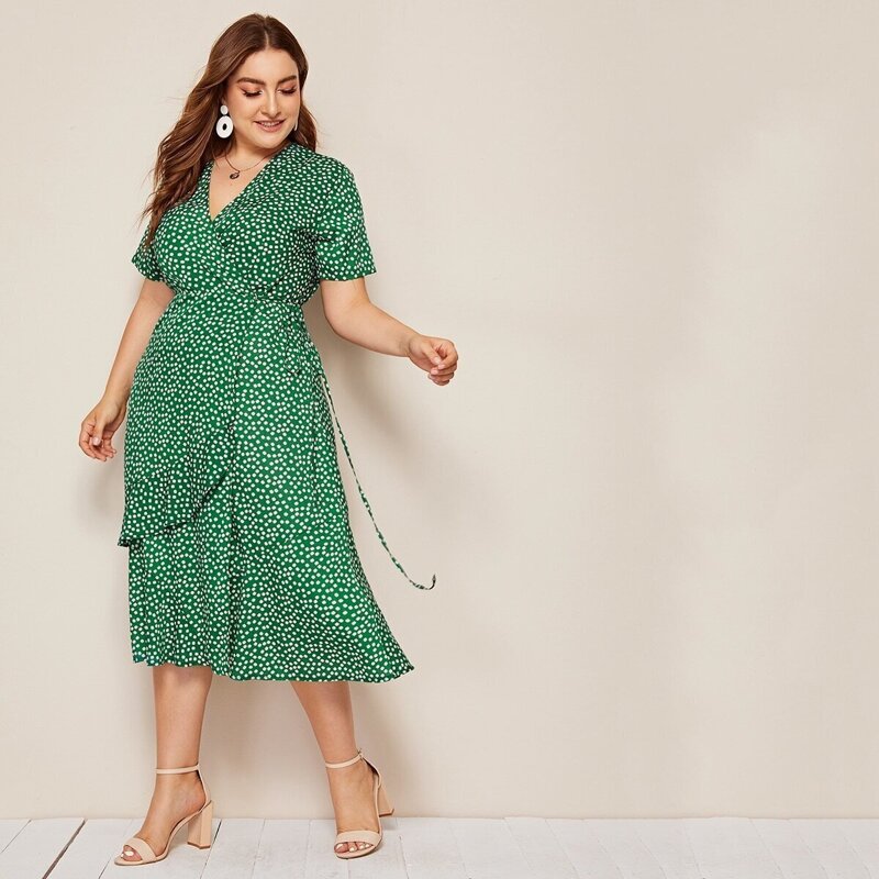 

Plus Ditsy Floral Print Tie Side Dress, Green