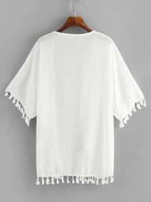 SHEIN Swim Curve Plus Fringe Hem Open Front Kimono, For Summer Beach Vacation - White - View 2