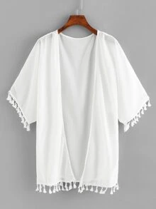 SHEIN Swim Curve Plus Fringe Hem Open Front Kimono, For Summer Beach Vacation - White - View 1