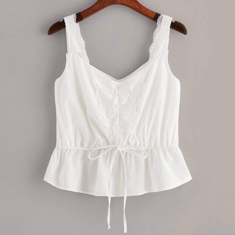 

Plus Contrast Lace Knot Ruffle Hem Top, White