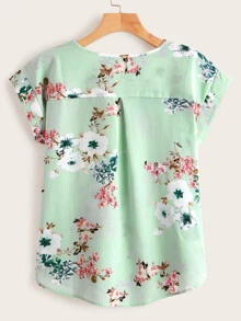 Floral Print High Low Blouse - Green - View 2