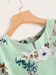 Floral Print High Low Blouse - Green - View 4