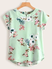Floral Print High Low Blouse - Green - View 1