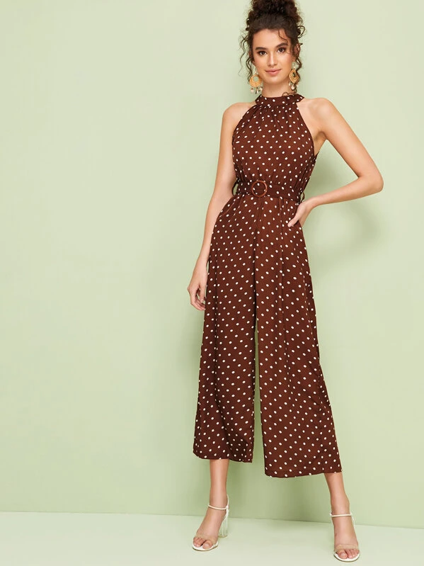 Polka Dot Belted Wide Leg Halter Jumpsuit For Sale Australia New Collection Online Shein Australia