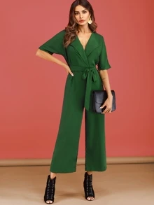 Surplice Front Self Tie Jumpsuit - Green - View 1
