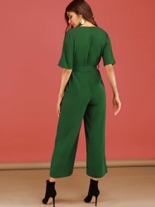 Surplice Front Self Tie Jumpsuit - Green - View 2