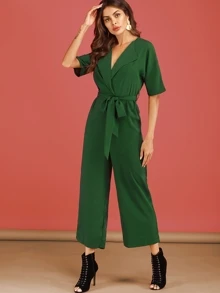 Surplice Front Self Tie Jumpsuit - Green - View 3