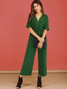 Surplice Front Self Tie Jumpsuit - Green - View 4