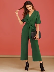 Surplice Front Self Tie Jumpsuit - Green - View 5