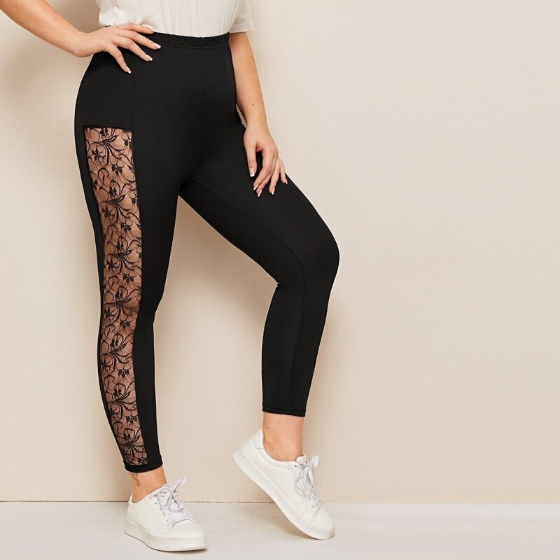

Plus Lace Panel Leggings, Black