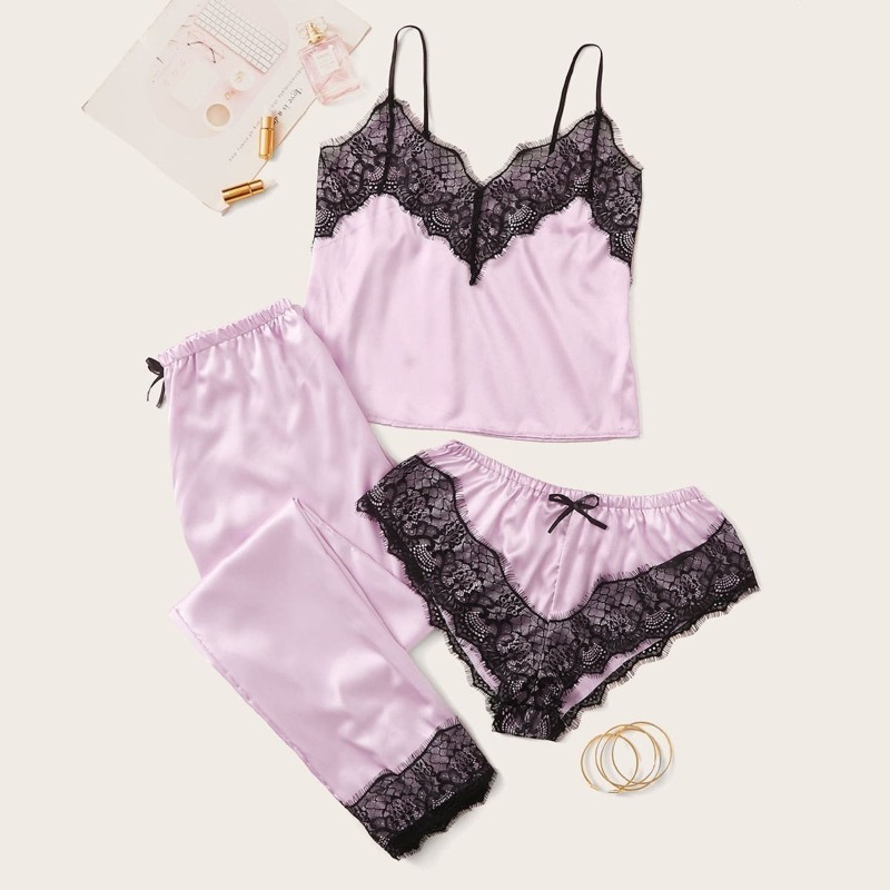 

Floral Lace Satin Cami With Shorts & Pants 3pack, Purple