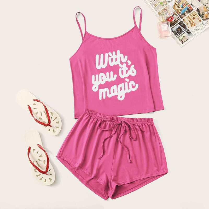 

Slogan Print Cami Pajama Set, Pink