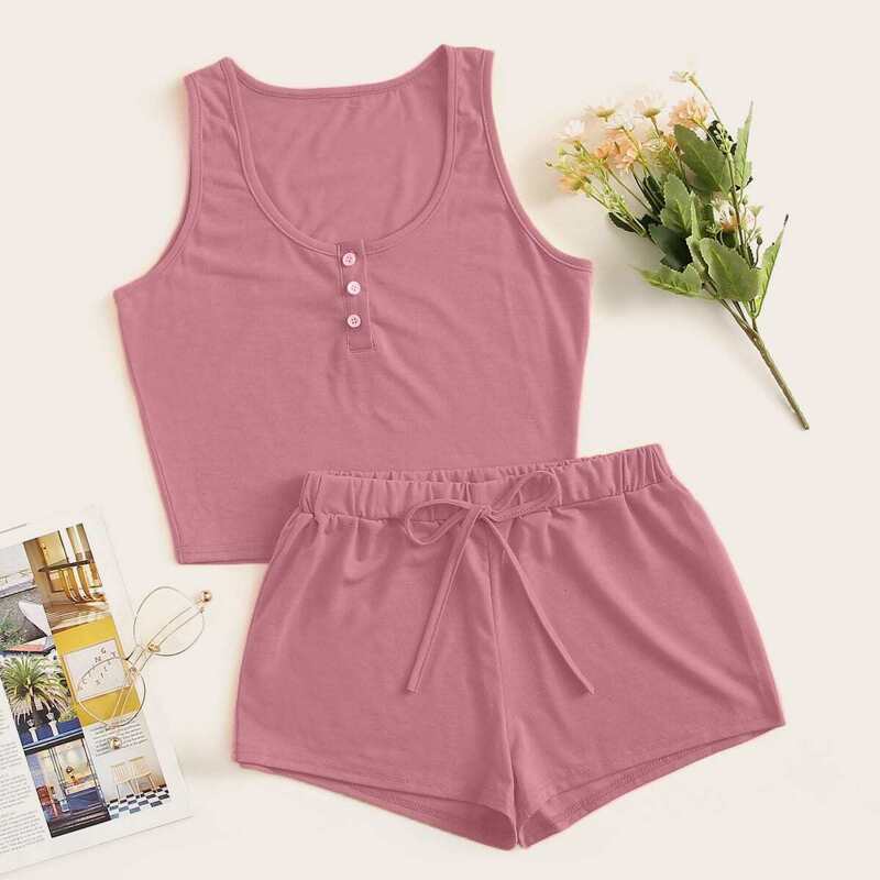 

Button Front Tank Top With Shorts PJ Set