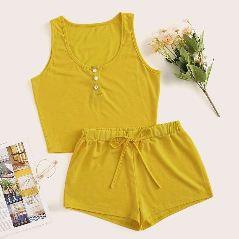 

Button Front Tank Top With Shorts PJ Set, Yellow