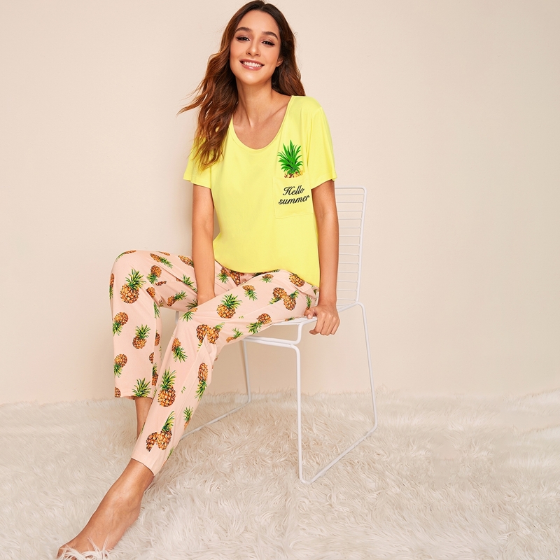 

Pineapple & Letter Print Pajama Set, Multicolor