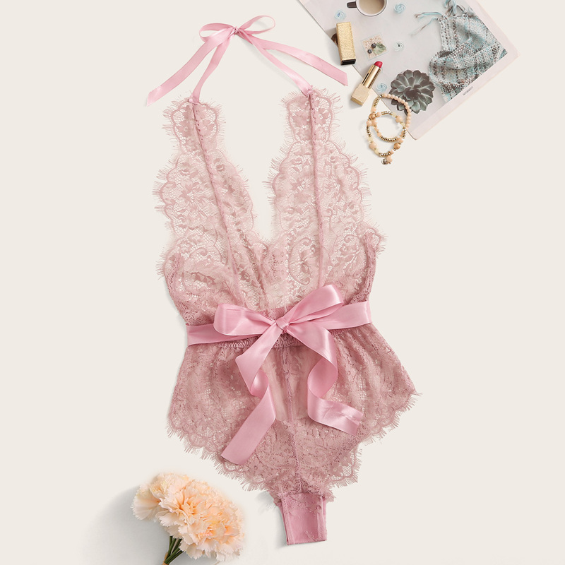 

Floral Lace Halter Teddy Bodysuit, Pink