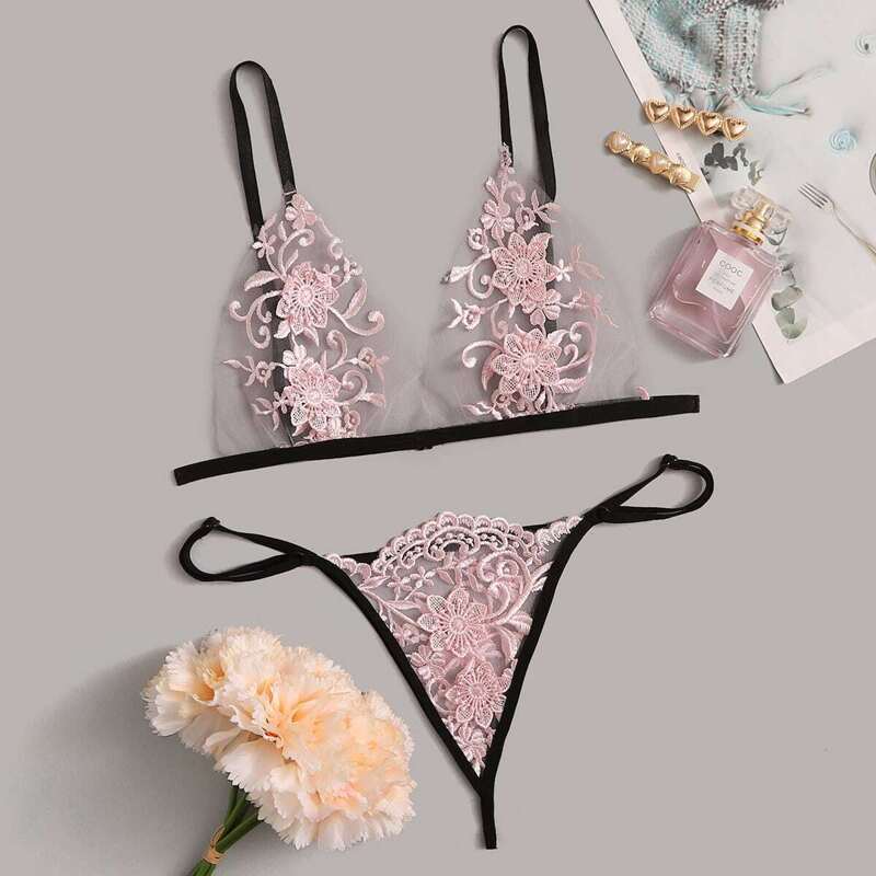 

Floral Embroidered Sheer Lingerie Set, Pink