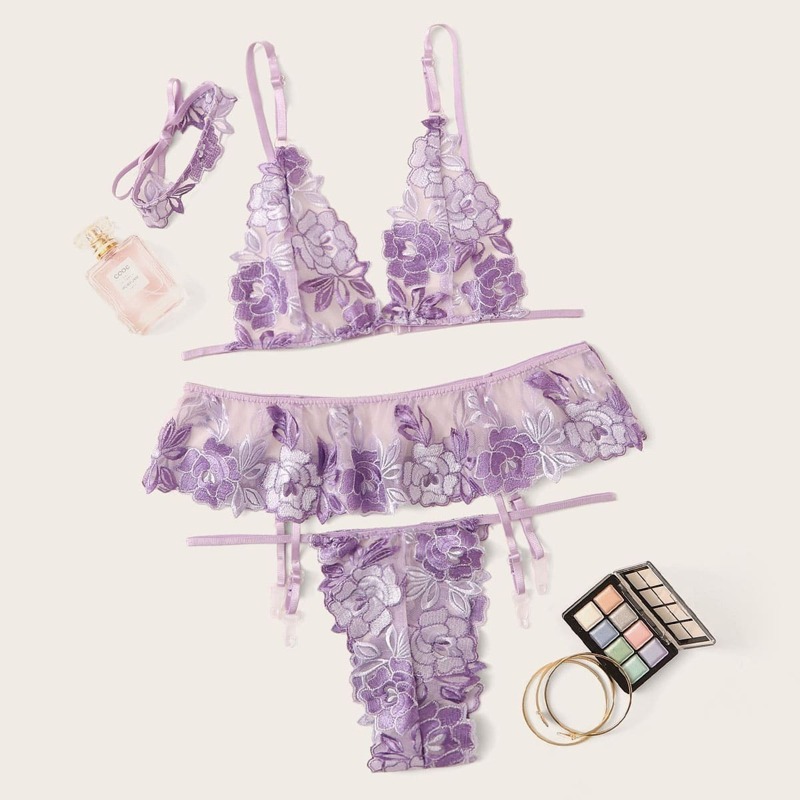 

Floral Lace Garter Lingerie Set With Choker, Purple pastel