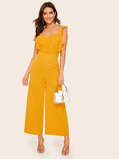 ruffle trim wide leg jumpsuit