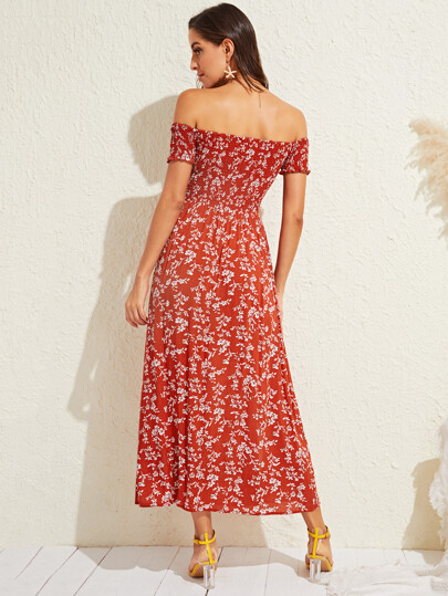 Robe col bardot froncée fendue avec imprimé floral