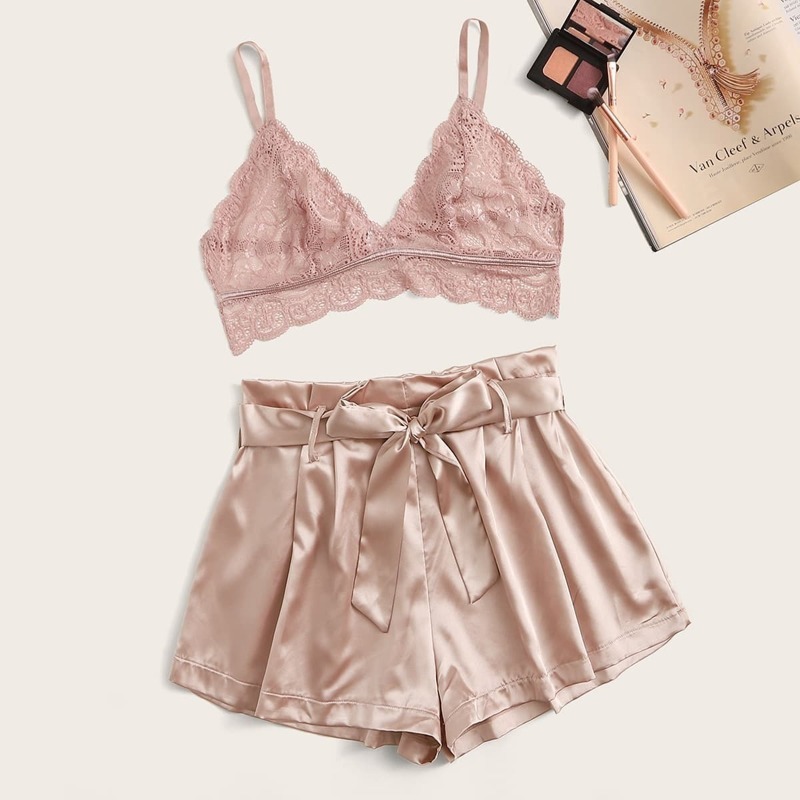 

Floral Lace Bralette With Satin Shorts, Pink