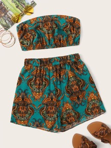 Tribal Paisley Print Shirred Tube Top With Shorts