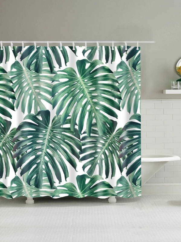Tropical Leaf Print Shower Curtain With 12pcs Hook For Sale