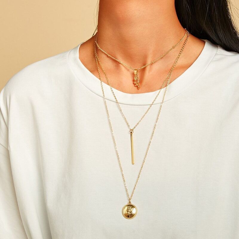 

Bar & Leaf Pendant Layered Chain Necklace 1pc, Gold