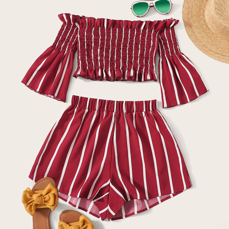 

Striped Shirred Flounce Sleeve Top With Shorts, Red