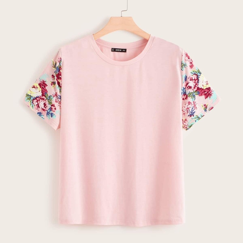 

Plus Floral Print Sleeve Top, Pink