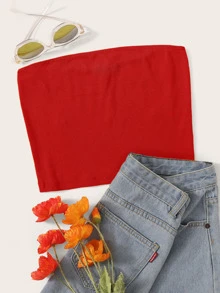 SHEIN EZwear Top bandeau tejido de canalé - Rojo - Ver 1