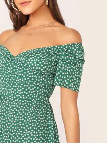 SHEIN Vestido floral de margarita bajo fruncido cruzado delantero de hombros descubiertos - Verde - Ver 4