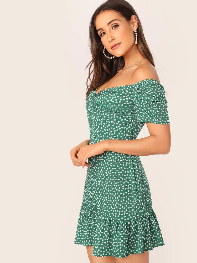 SHEIN Off Shoulder Wrap Front Ruffle Hem Ditsy Floral Dress - Green - View 3