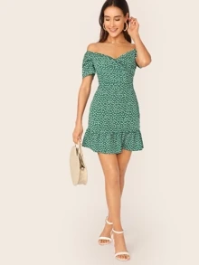 SHEIN Vestido floral de margarita bajo fruncido cruzado delantero de hombros descubiertos - Verde - Ver 5