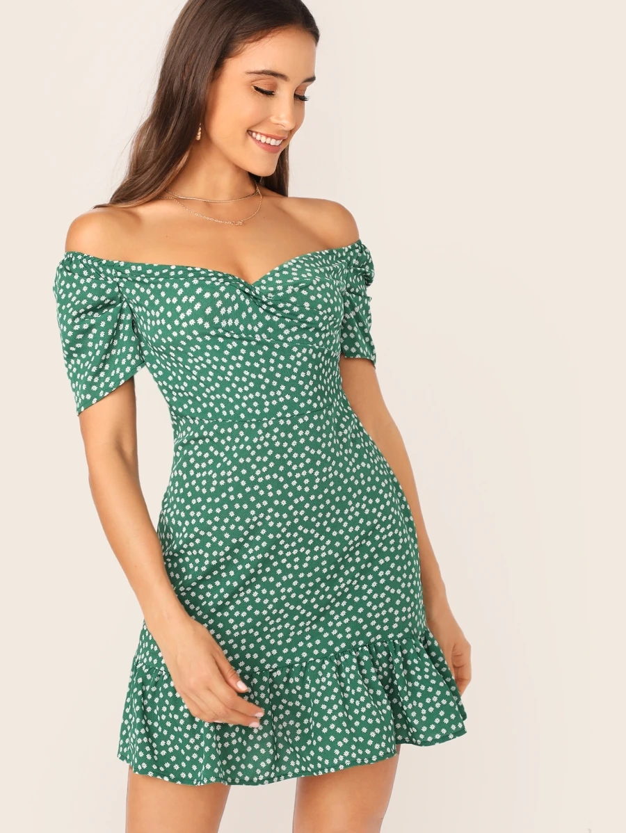 SHEIN Vestido floral de margarita bajo fruncido cruzado delantero de hombros descubiertos - Verde - Ver 1