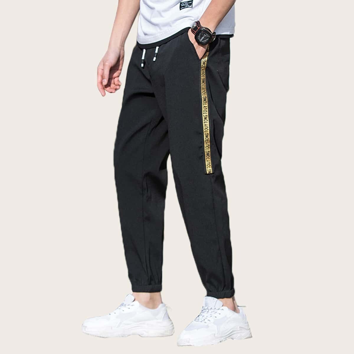 

Guys Letter Taped Side Pants, Black