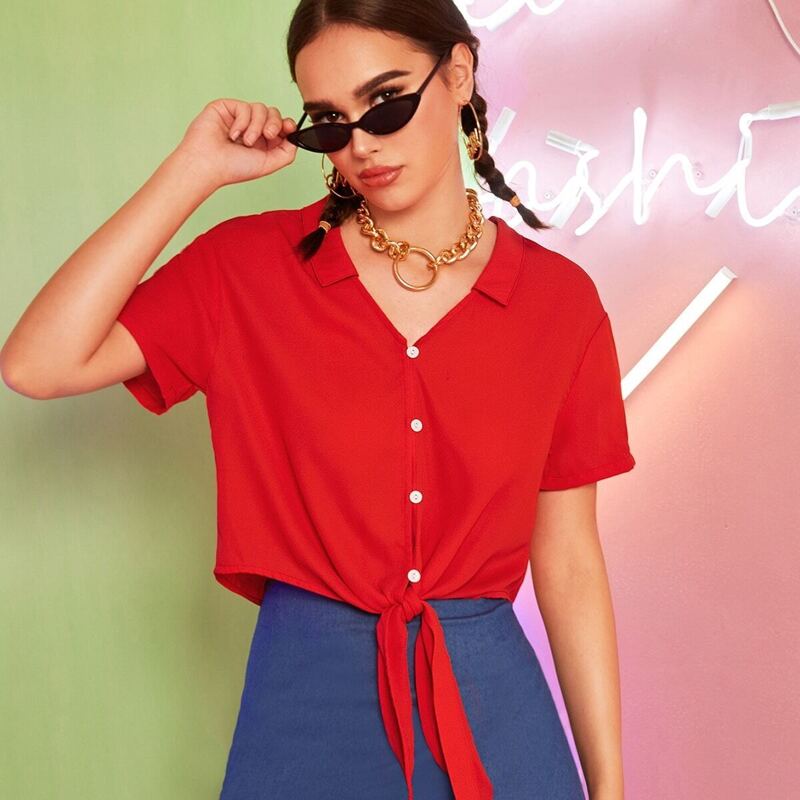 

Collar Neck Button Tie Front Top, Red bright