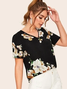 SHEIN v領花卉印花上衣 - 黑色 - 查看 1