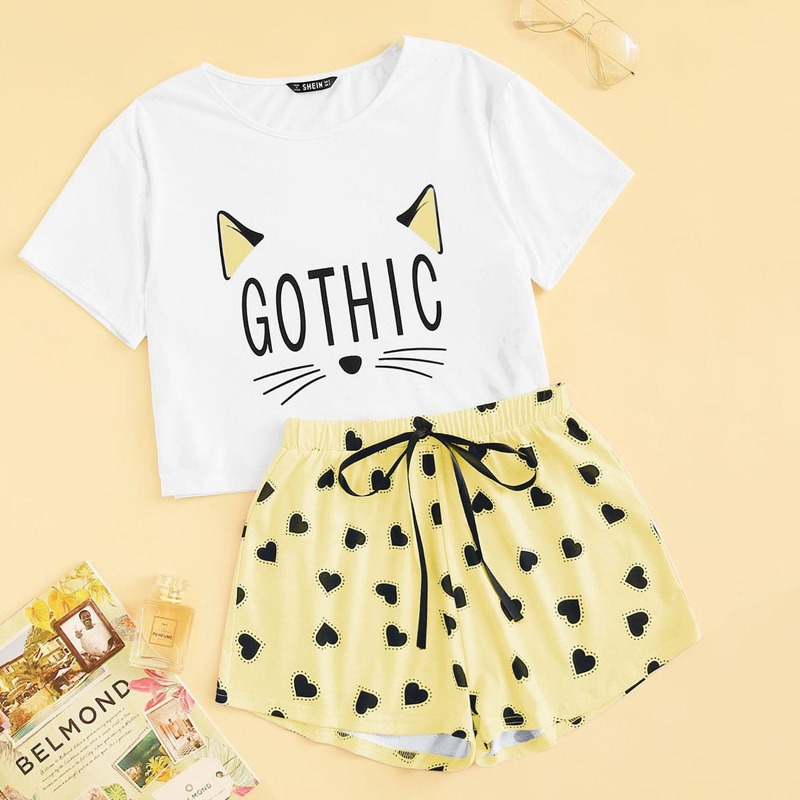 

Cartoon Graphic Top & Heart Print Shorts Pj Set, Multicolor