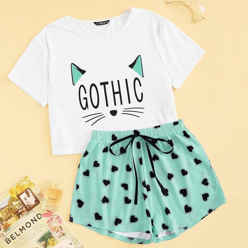 

Girls Cartoon Graphic Top and Tie Waist Shorts PJ Set, Multicolor
